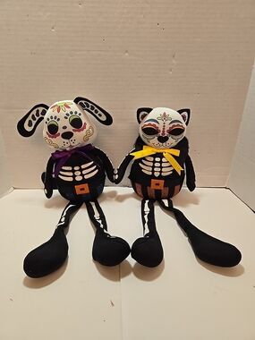 Day of the Dead Skeleton Plush Dolls - Black with Colorful Accents